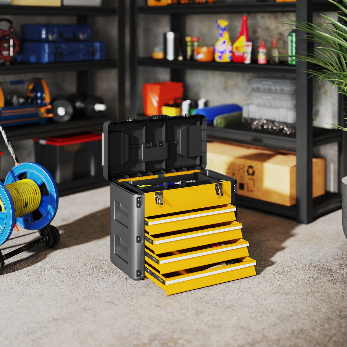Boîte à outils à 4 tiroirs, caisse à outils en acier thermolaqué avec plateau amovible, 49,7x25,3x40,7cm, jaune-1