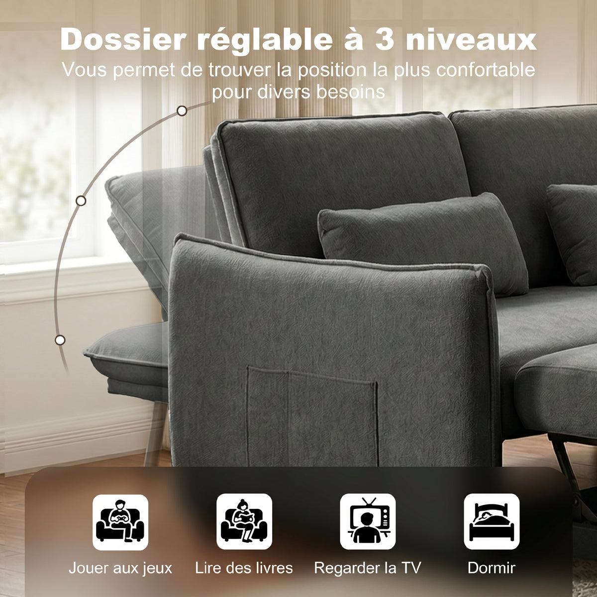 Canapé convertible 2 places 3 en 1, canapé-lit clic clac en chenille avec dossier réglable, porte-gobelets, gris foncé-4