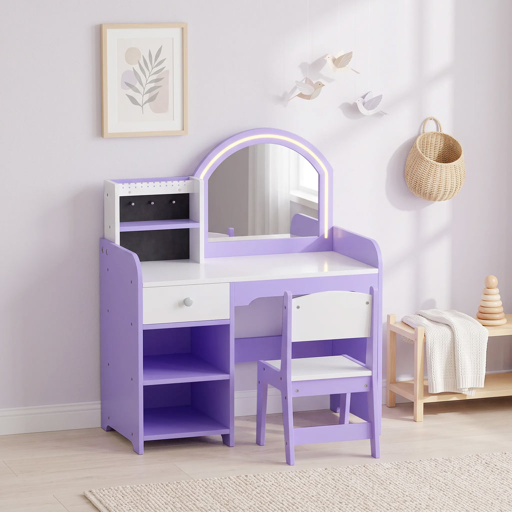 Coiffeuse pour Enfants avec Tabouret et Miroir en Acrylique à Éclairage Bicolore Coiffeuse Bureau Fille 3-8 Ans Violet-1