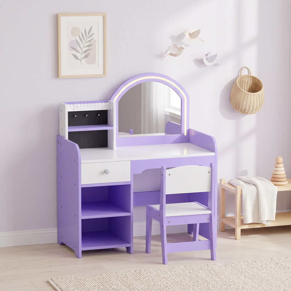 Coiffeuse pour Enfants avec Tabouret et Miroir en Acrylique à Éclairage Bicolore Coiffeuse Bureau Fille 3-8 Ans Violet-1