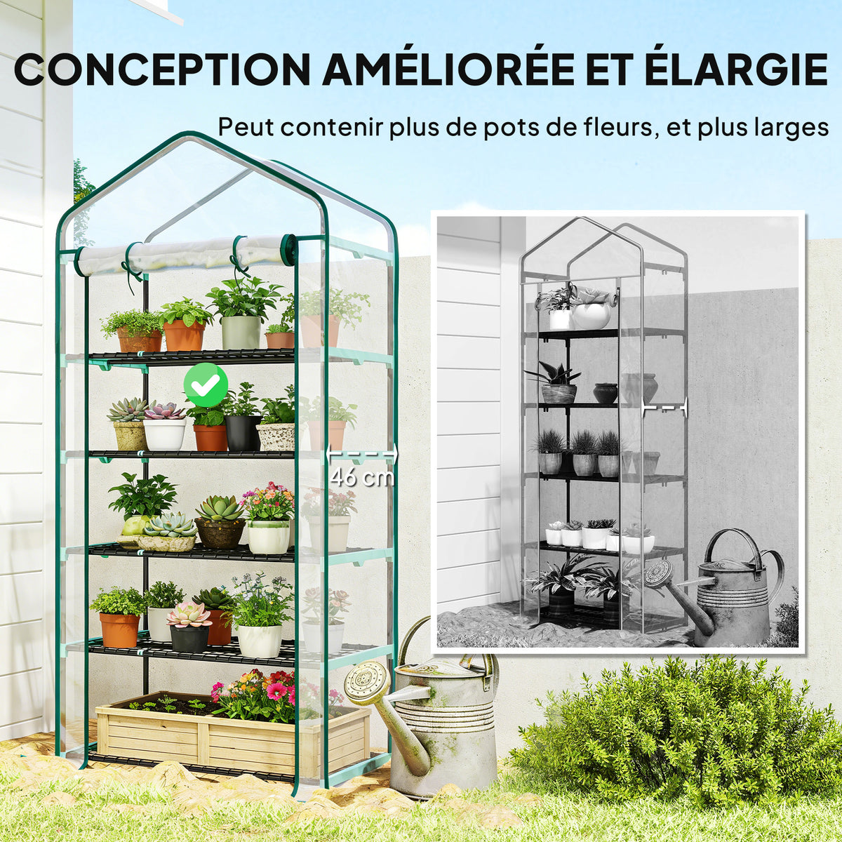 Serre de jardin PVC avec étagères 5 niveaux, serre de balcon, châssis en acier, porte zippée, 90x49x193cm, transparent-3