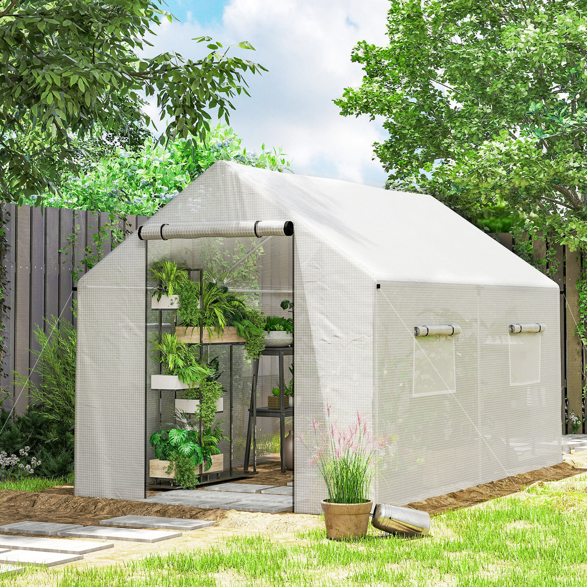Serre de jardin tunnel 2 x 3m, 6m² avec porte enroulable, 4 fenêtres, - Acier galvanisé PE Haute densité Blanc-1