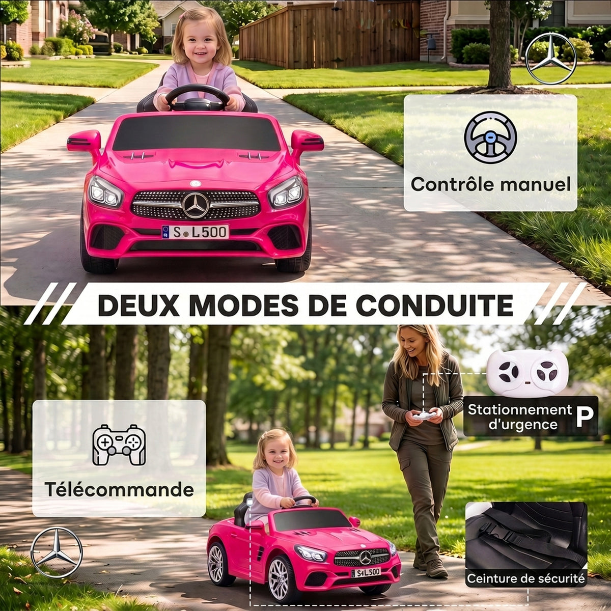 Voiture Électrique Enfants 12V Mercedes-Benz SL500, 3-5 km/h, 2 Moteurs, Télécommande 2,4G, pour 3-5 Ans, Rose-5