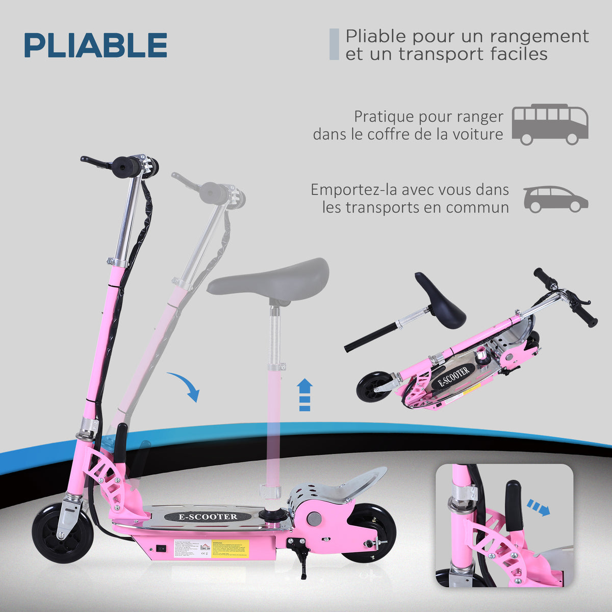 Trottinette électrique 120 W pliable pour enfant de 6+ ans hauteur guidon et selle réglable 10 Km/h max. rose-4