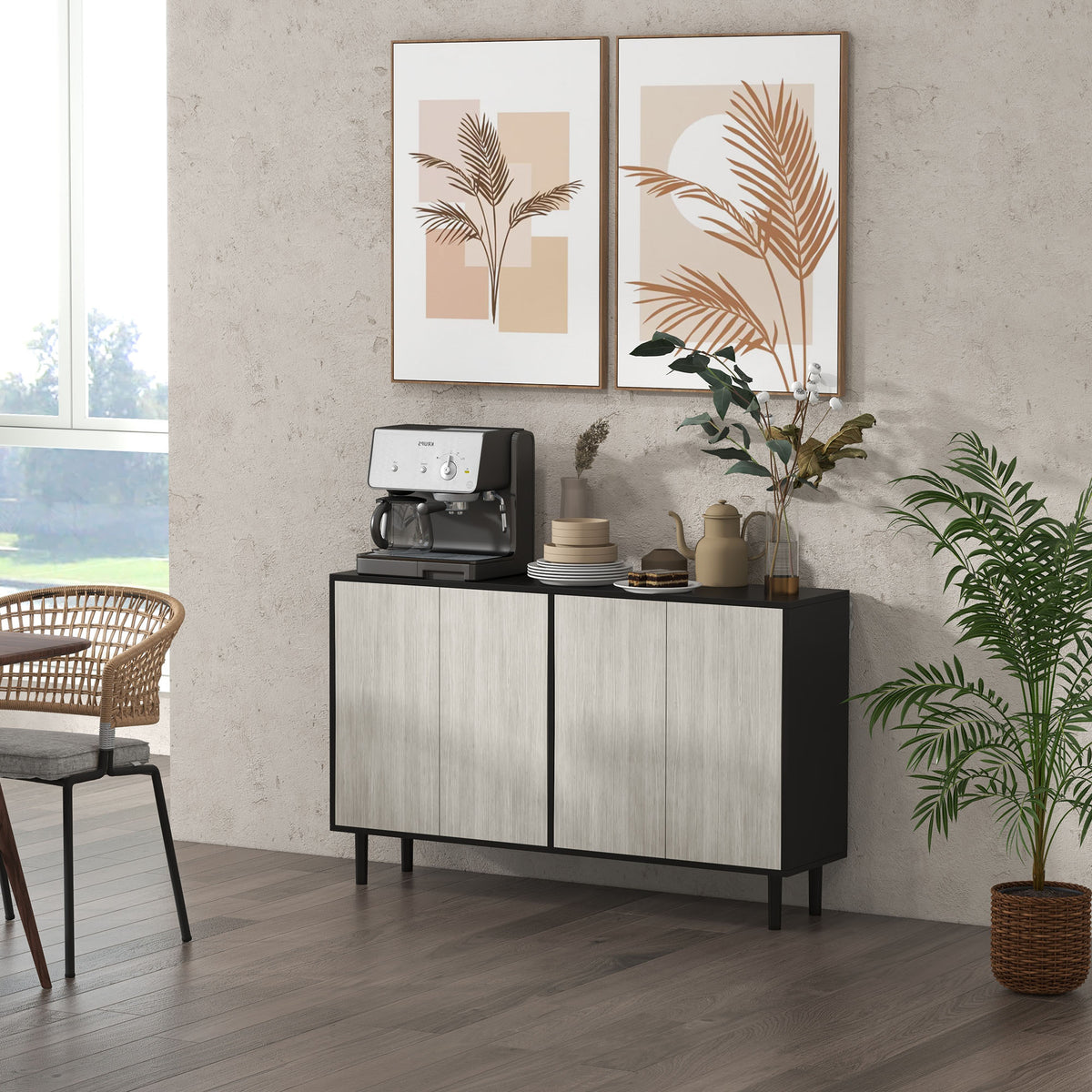 Buffet de cuisine meuble de rangement 2 placards avec étagères réglables, 121 x 37 x 75 cm, noir et aspect bois gris-1
