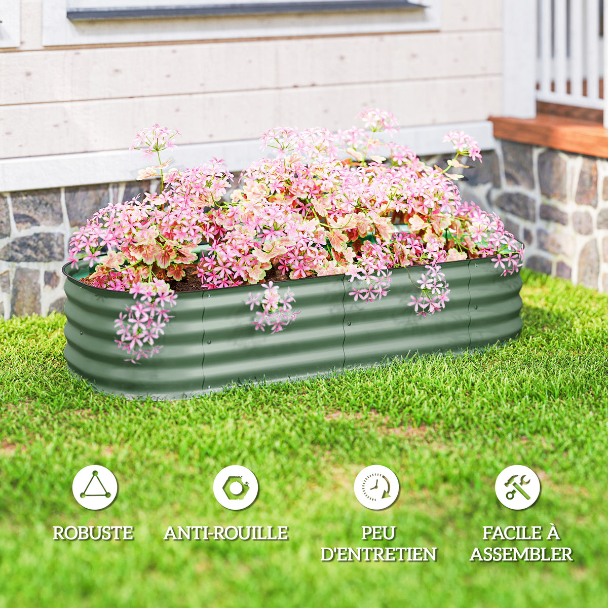 Jardinière surélevée carré potager de jardin en acier modulable légumes, plantes, fleurs, dim. 150 x 62 x 30 cm vert-6