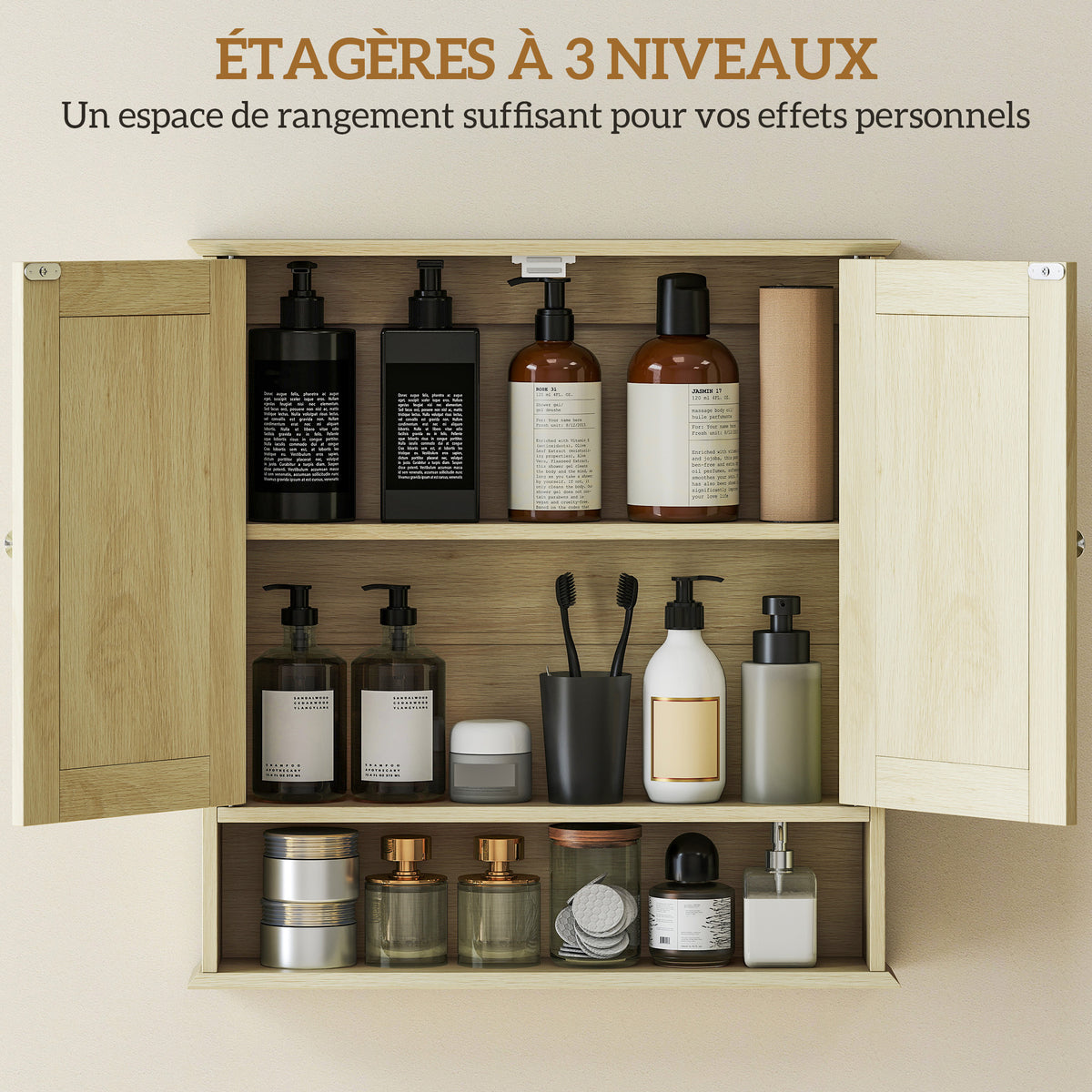 Armoire murale salle de bain avec miroir, 56 x 13 x 58 cm, meuble salle de bain avec Portes Miroir Doubles Bois Naturel-3