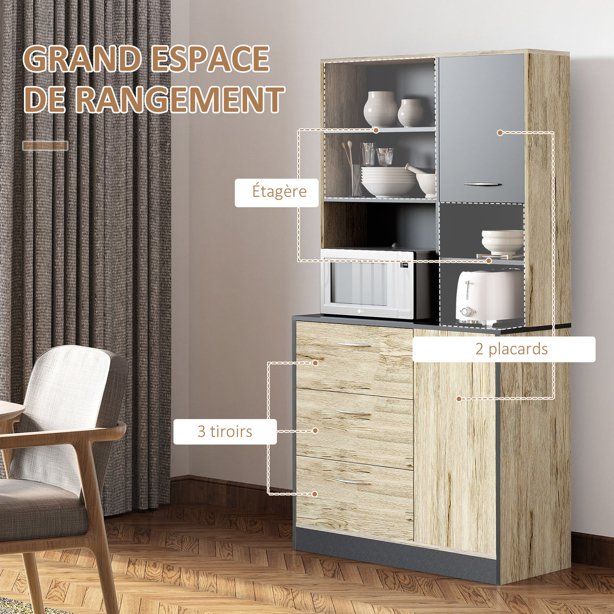 Buffet de cuisine armoire de cuisine multi-rangements 2 portes 3 tiroirs 3 étagères + grand plateau 90L x 39l x-3