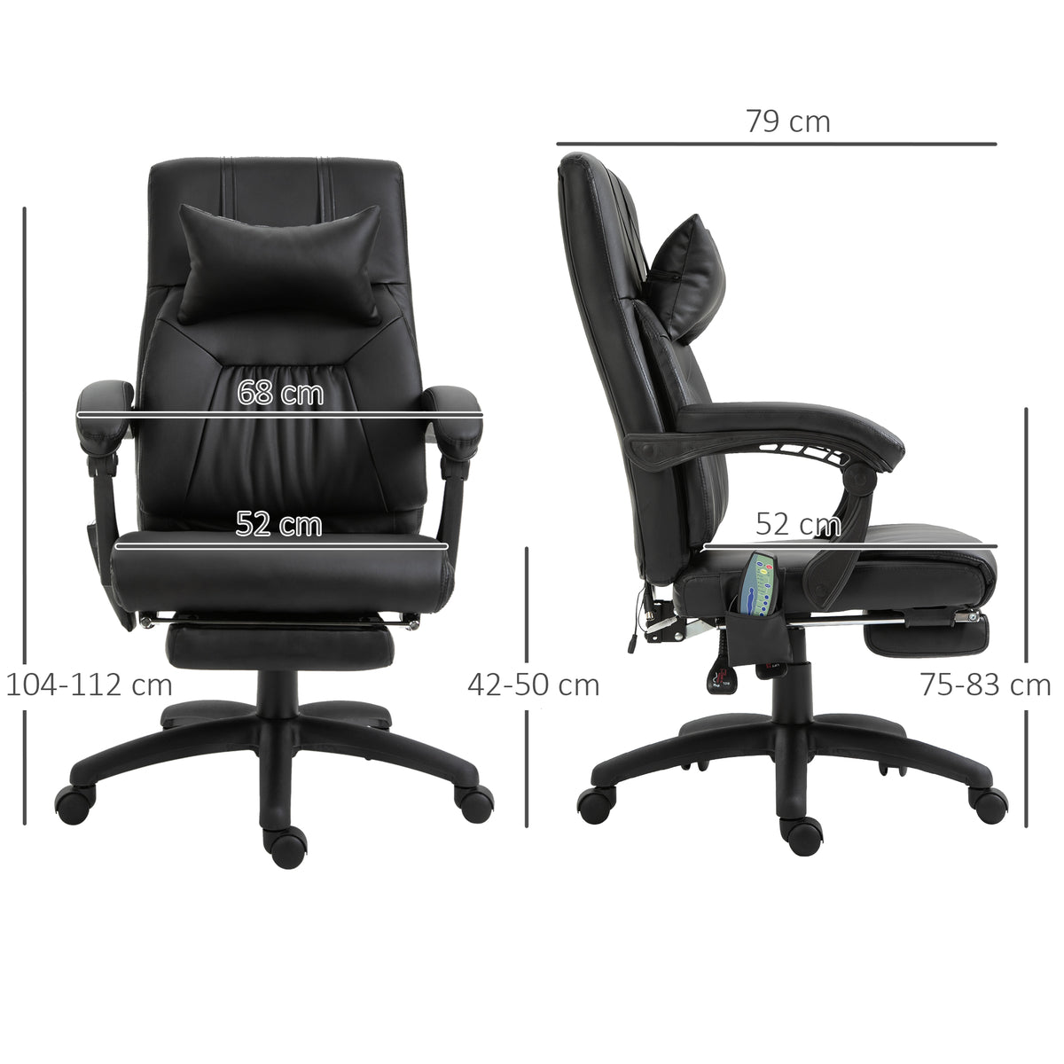 Fauteuil de bureau manager massant repose-pied + tétière intégrés dossier inclinable hauteur réglable 68 x 79 x 104-112 cm noir-2