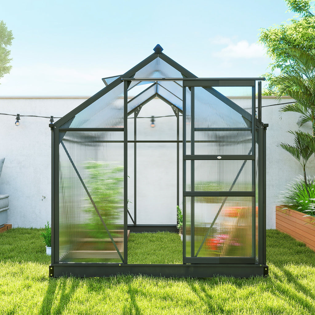 Serre de jardin polycarbonate 3,65m² 190 x 192 x 201 cm résistant aux UV fondation renforcé gouttière Gris-8