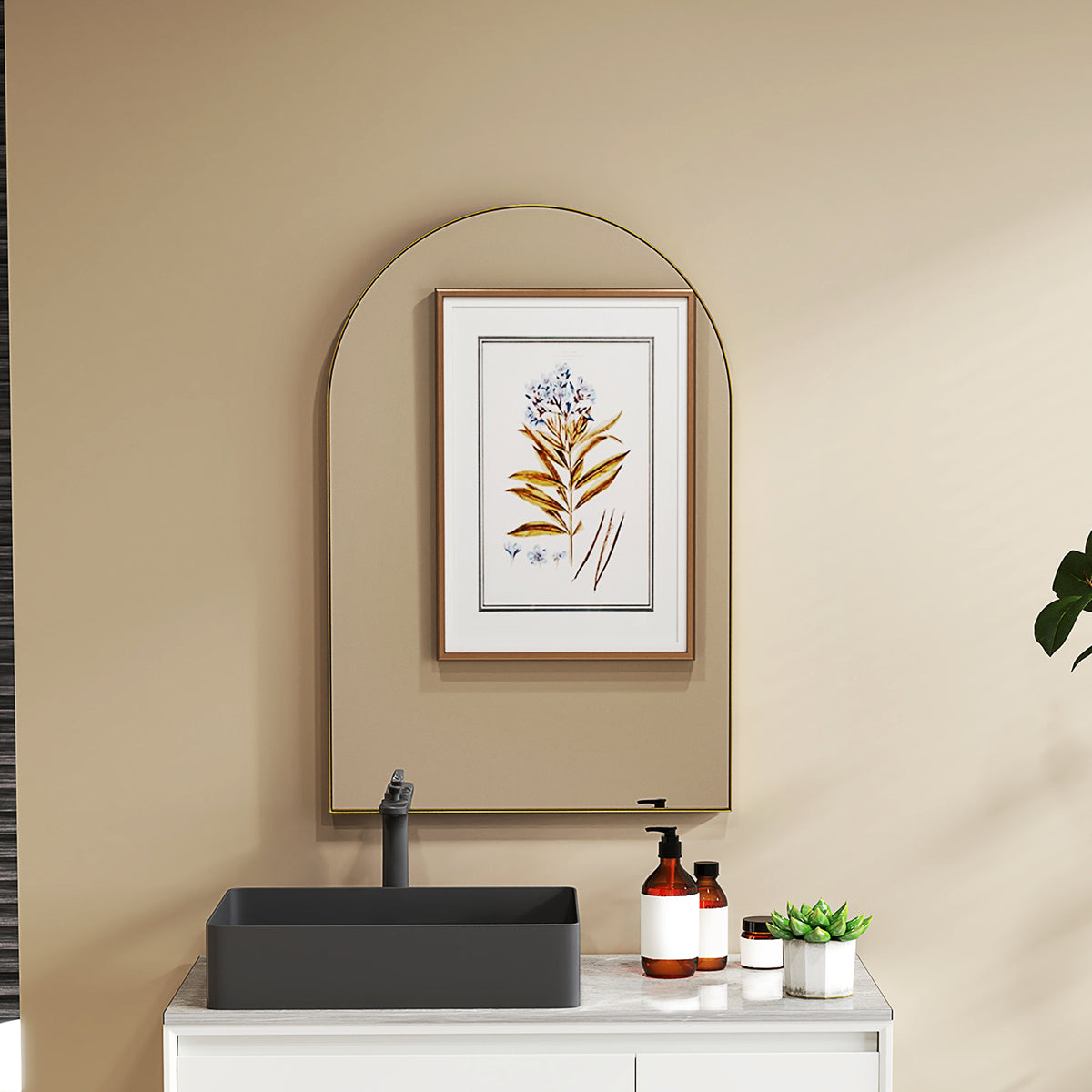 Miroir mural arqué miroir de salle de bain avec cadre en alliage d'aluminium pour chambre salon entrée 60 × 90 cm or-1