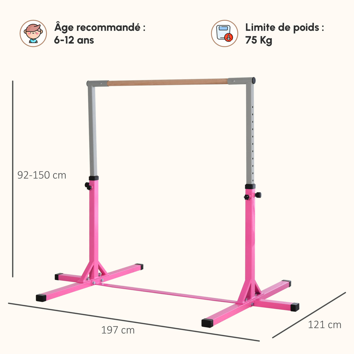Barre Fixe de Gymnastique pour Enfant, Hauteur Réglable sur 13 Niveaux de 92-150 cm, en Acier et Bois de Hêtre, Barre de Gym d'Entraînement à Domicile, Antidérapant, Facile à Assembler, Rose-2