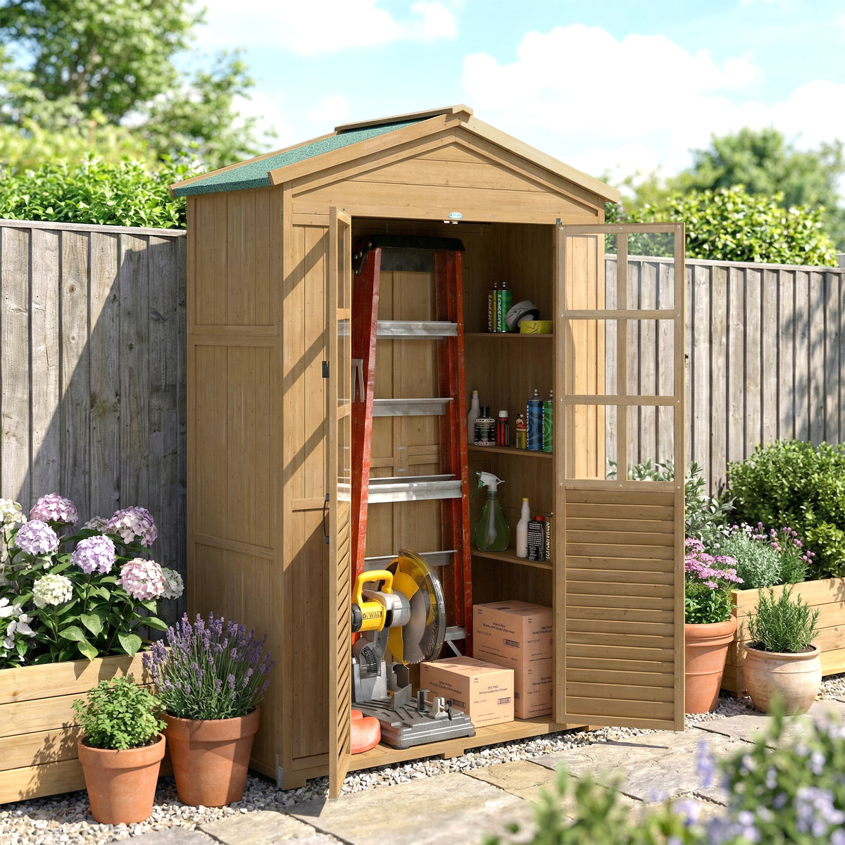 Abri de jardin Armoire de jardin pour outils avec Étagères et Fenêtres en Acrylique, 128 x 57,5 x 197 cm marron clair-1