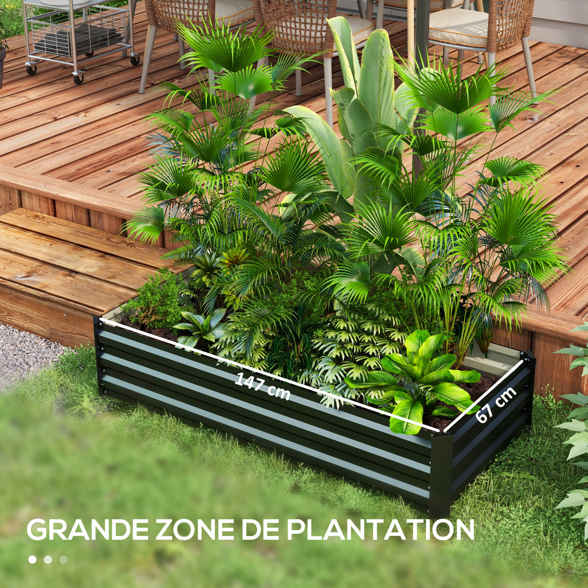 Jardinière rectangulaire potager de jardin bac à fleurs en acier avec bordure de sécurité et fond ouvert noir-3