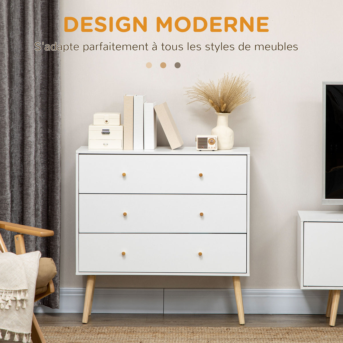 Commode 3 tiroirs design scandinave piètement effilé incliné bois pin panneaux blanc80 x 30 x 80 cm blanc-3