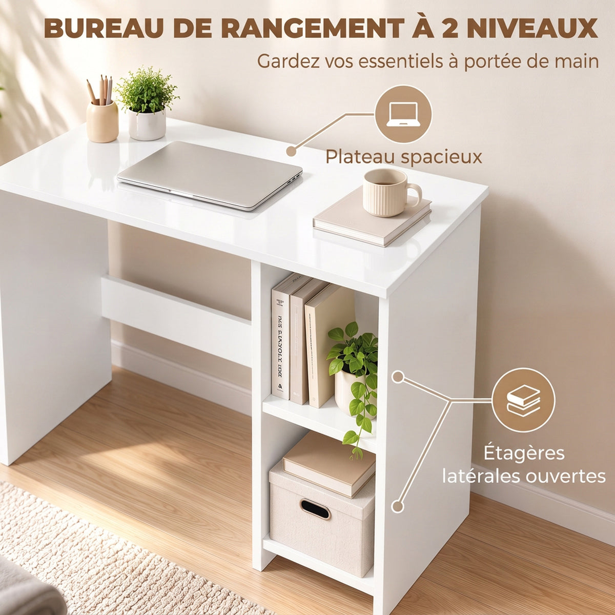 Bureau d'Ordinateur à Haute Brillance avec 2 Étagères Ouvertes, 80 x 40 cm, Style Moderne, Blanc-3