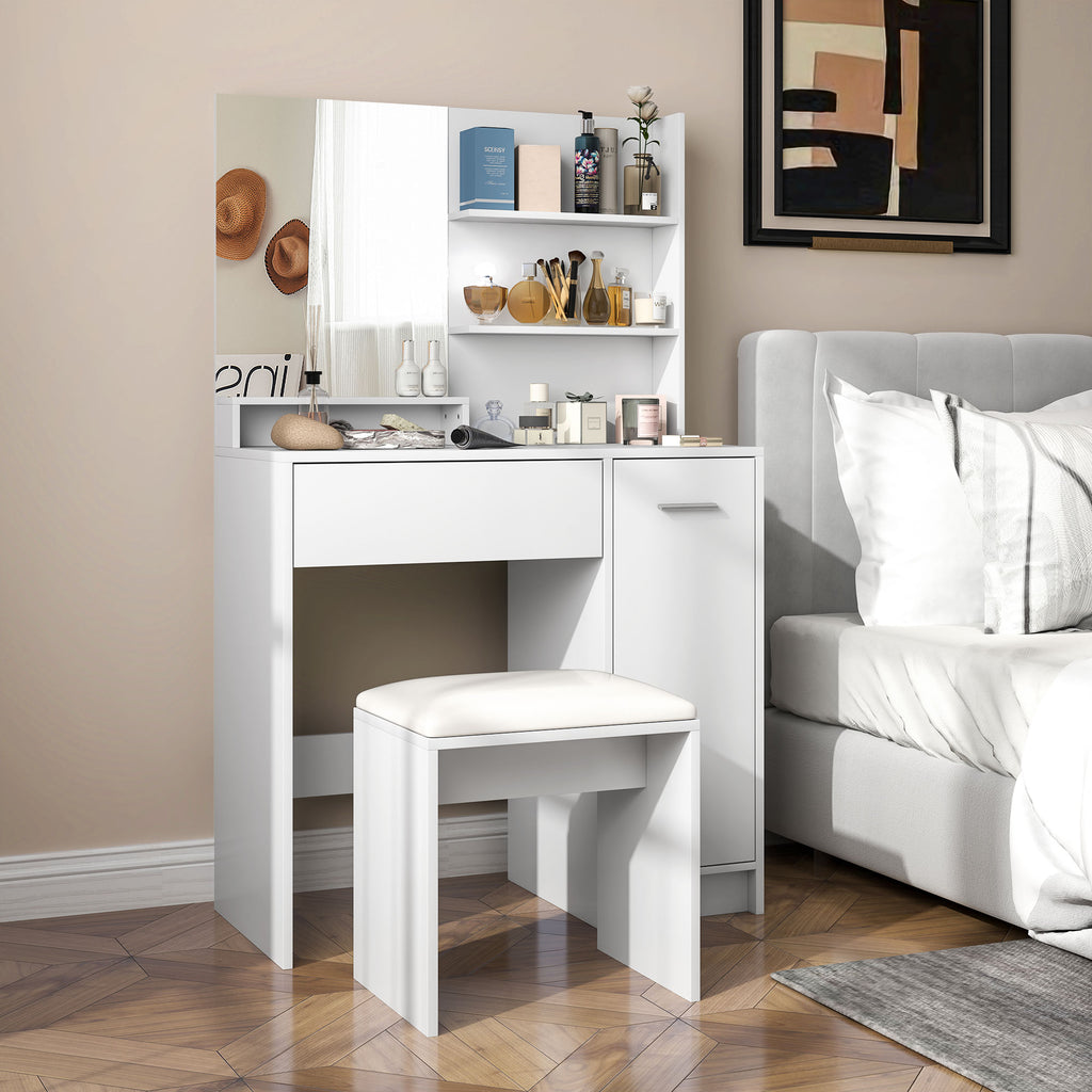 Ensemble coiffeuse avec miroir et tabouret, tiroir, armoire étagère réglable pour la chambre 80l x 40P x 132H cm, blanc-9