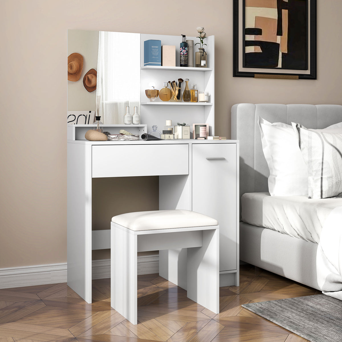 Ensemble coiffeuse avec miroir et tabouret, tiroir, armoire étagère réglable pour la chambre 80l x 40P x 132H cm, blanc-9