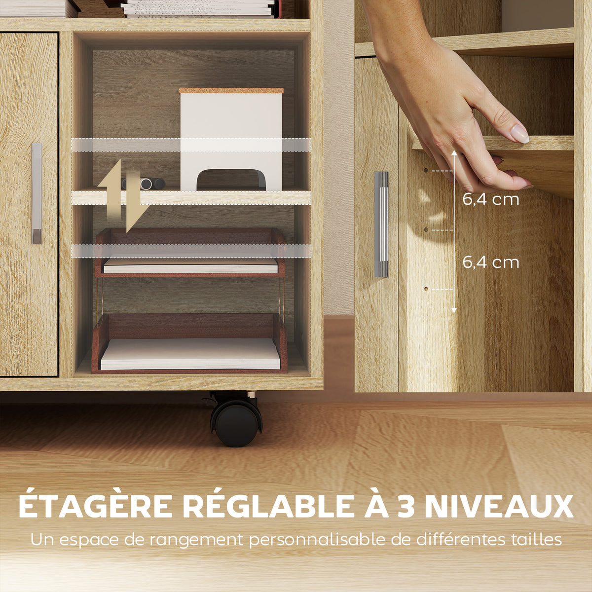 Support d'imprimante organiseur bureau caisson placard porte 3 niches + grand plateau panneaux particules bois naturel-4