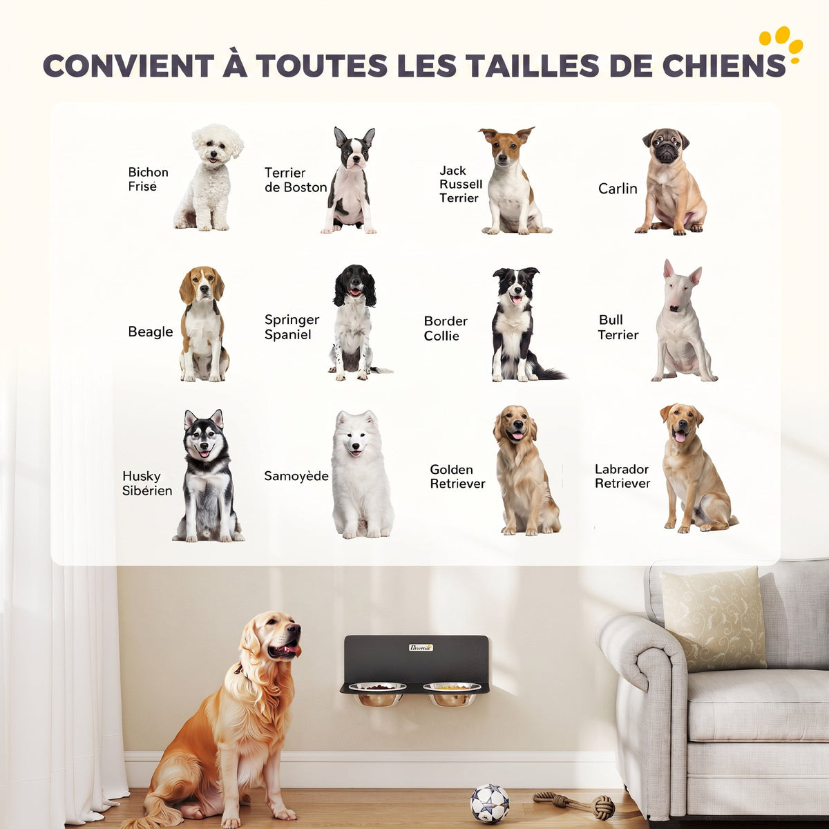 Gamelle Bol pour Chien Double Gamelle Support Mural 2 Bols Acier Inox 800ml Hauteur Réglable 42x23,5x14cm Noir-6