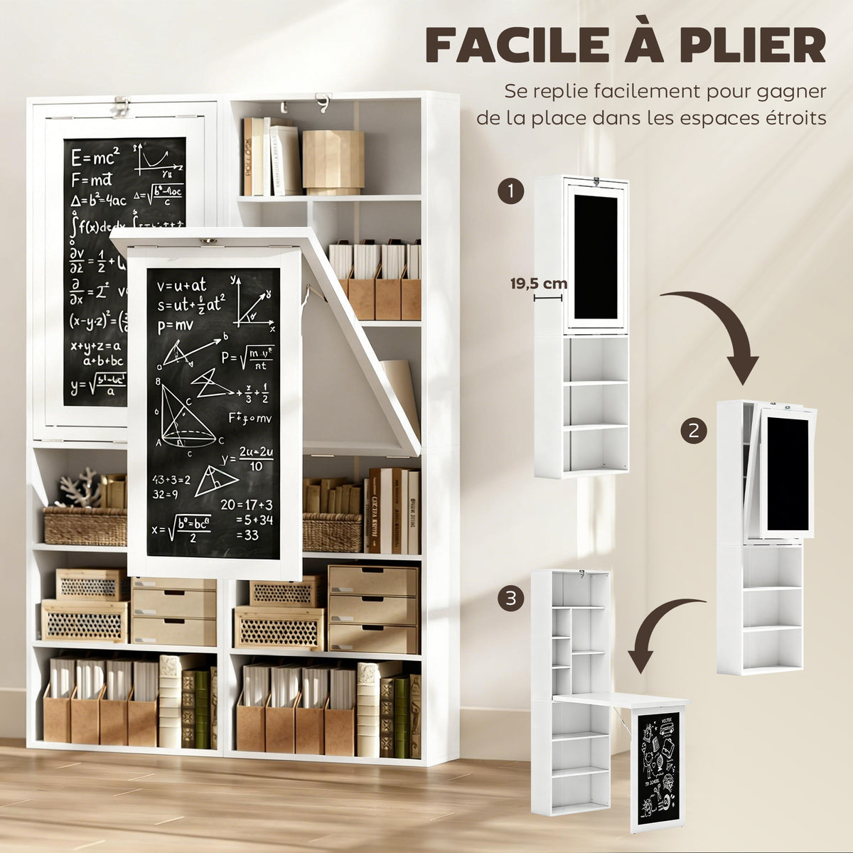 Bureau avec rangement pliable murale rabattable avec bibliothèque poste de travail tableau à craie et étagère réglable-3