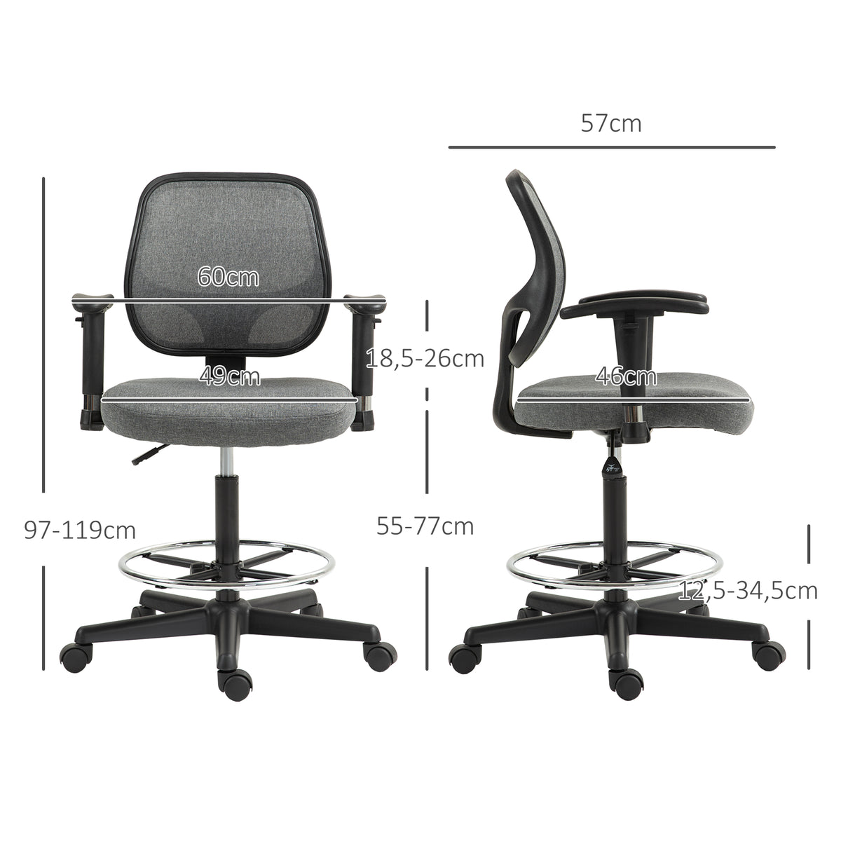 Fauteuil de bureau assise haute réglable, accoudoirs, dim. 60l x 57P x 97-119H cm sur roulettes, gris-2