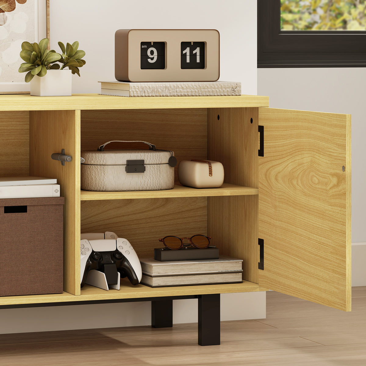 Meuble TV 180 cm, meuble télé pour 82 pouces avec 4 portes à ouverture par pression 180x35x55,5cm bois naturel-8