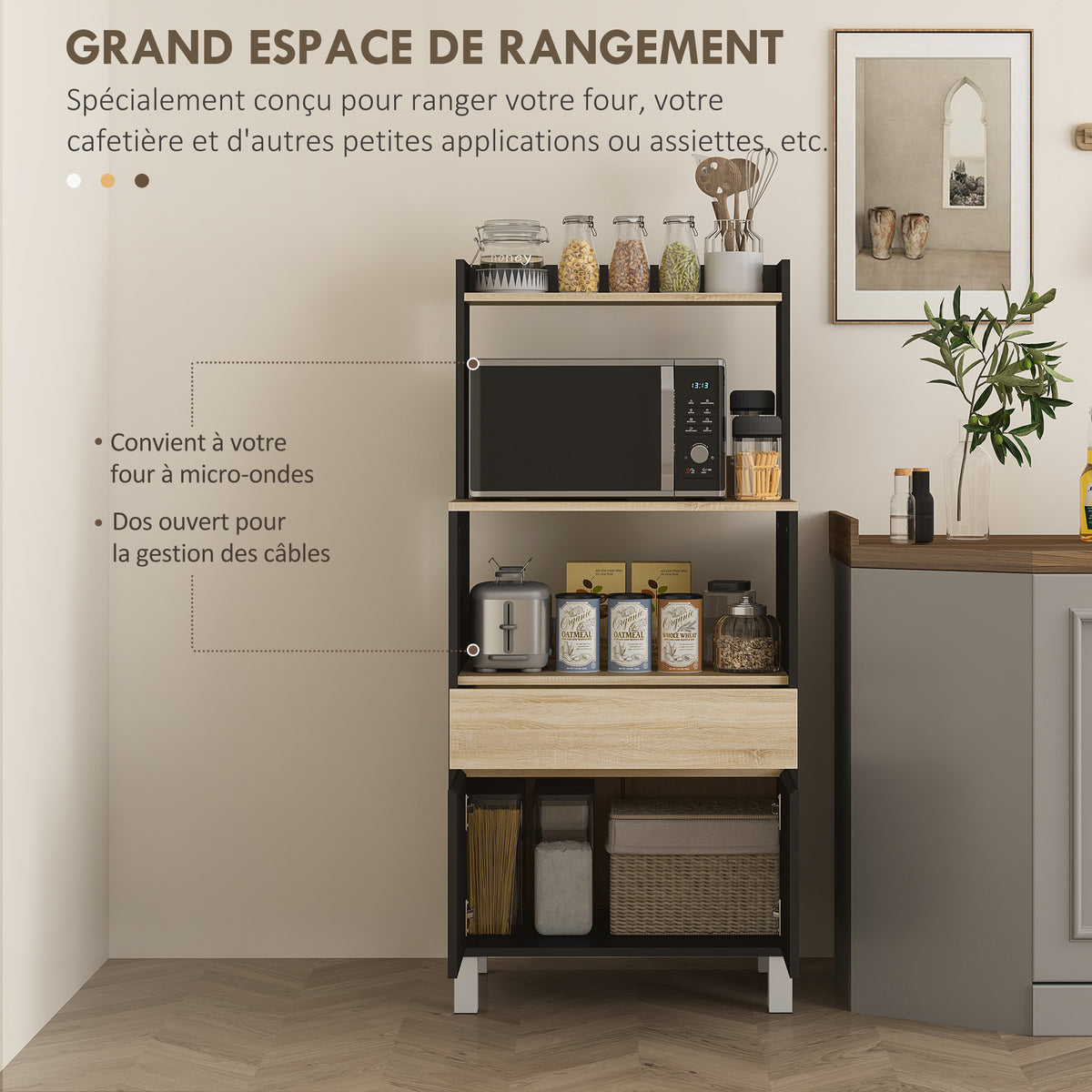 Meuble micro onde, buffet cuisine avec placard tiroir étagère supérieur, 60 x 40 x 131 cm chêne et noir-3