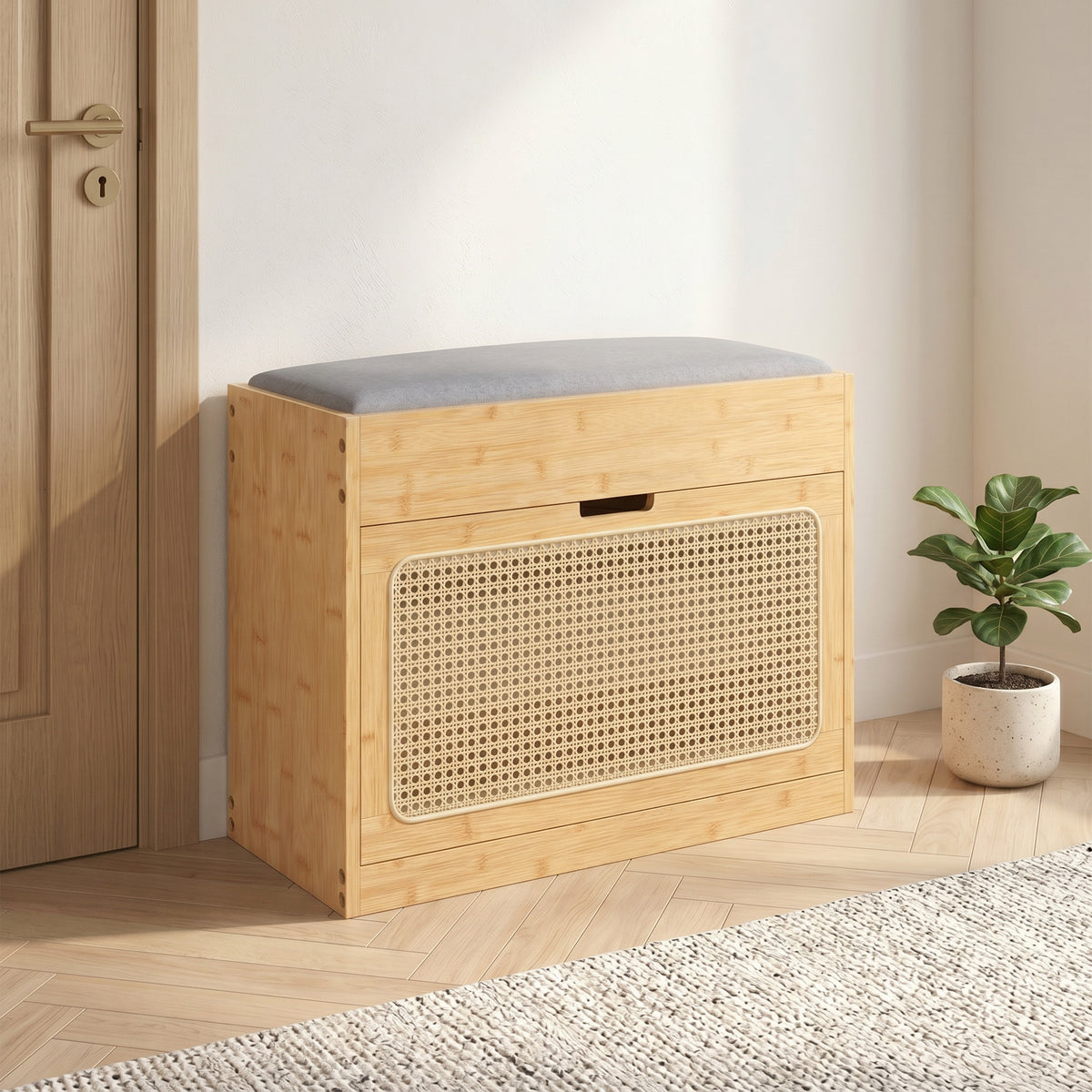 Banc chaussures entrée, banc de rangement en bambou, assise rembourrée, porte en rotin et étagère réglable, bois naturel-1