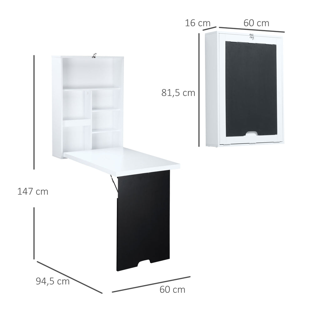Bureau Mural Pliable Table Murale Rabattable Suspendue sur Pied étagère + Tableau à Craie intégré MDF Blanc-2