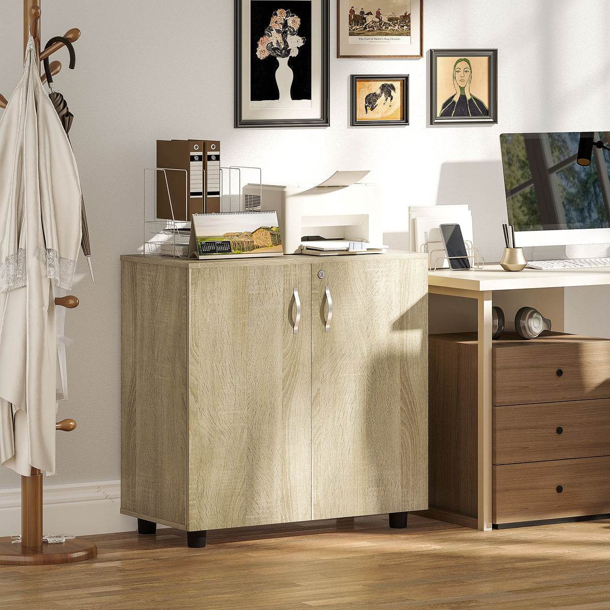 Armoire de bureau à 2 niveaux, meuble de rangement bureau avec 2 portes, serrures et clés, 80x40x80cm, chêne-8