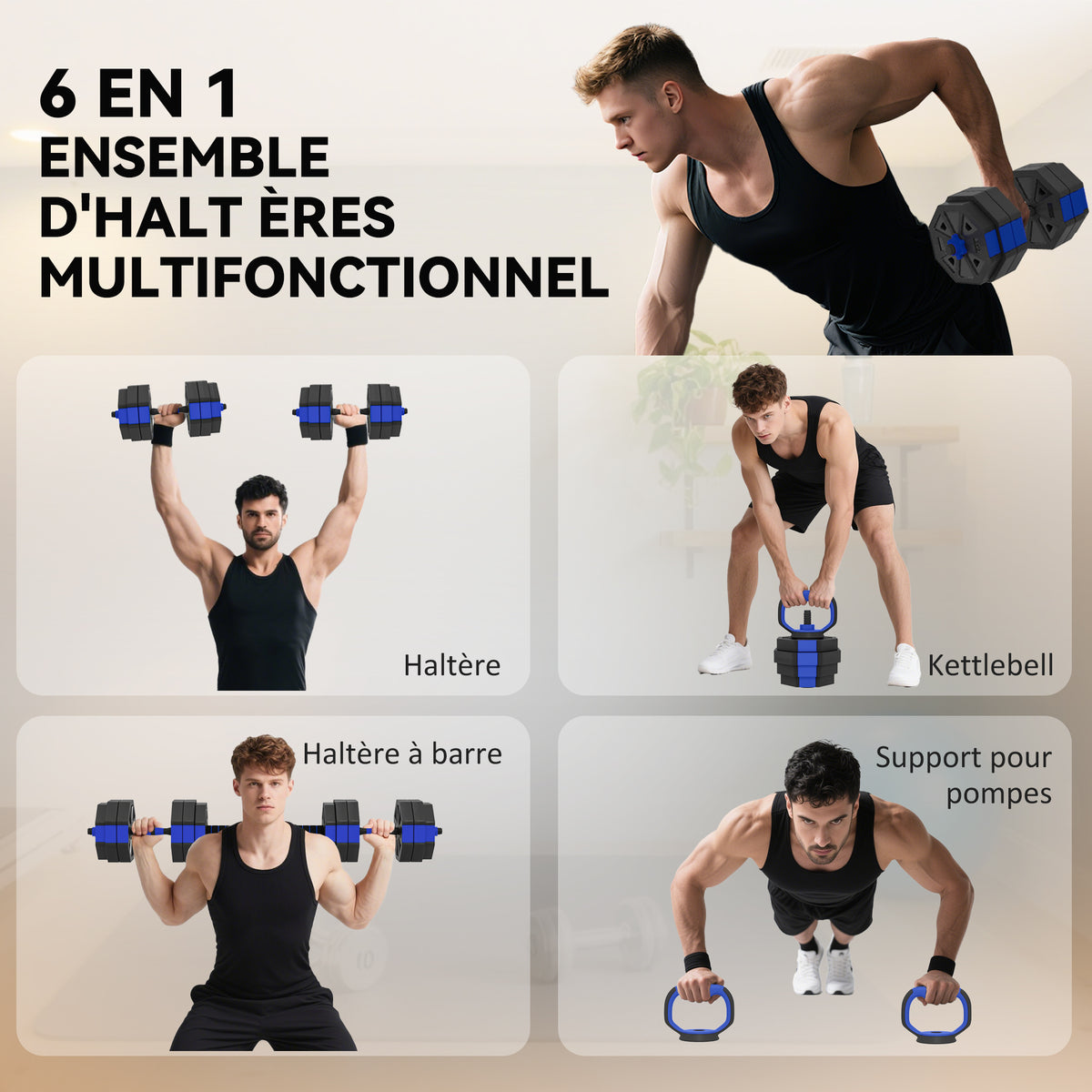 Ensemble d'Haltères Musculation 6-en-1 Haltère Réglable 30 kg Kettlebell, Barre de Musculation Support pour Pompes Bleu-3