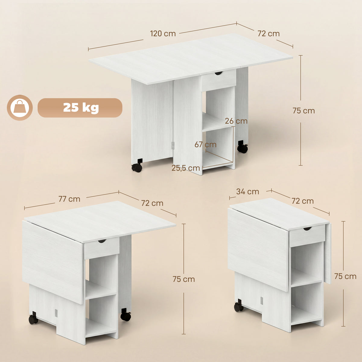 Table à Manger Pliante, Table de Cuisine Extensible pour 2 à 4 Personnes, 2 Abattants, 120 x 72 x 75 cm, Blanc-2