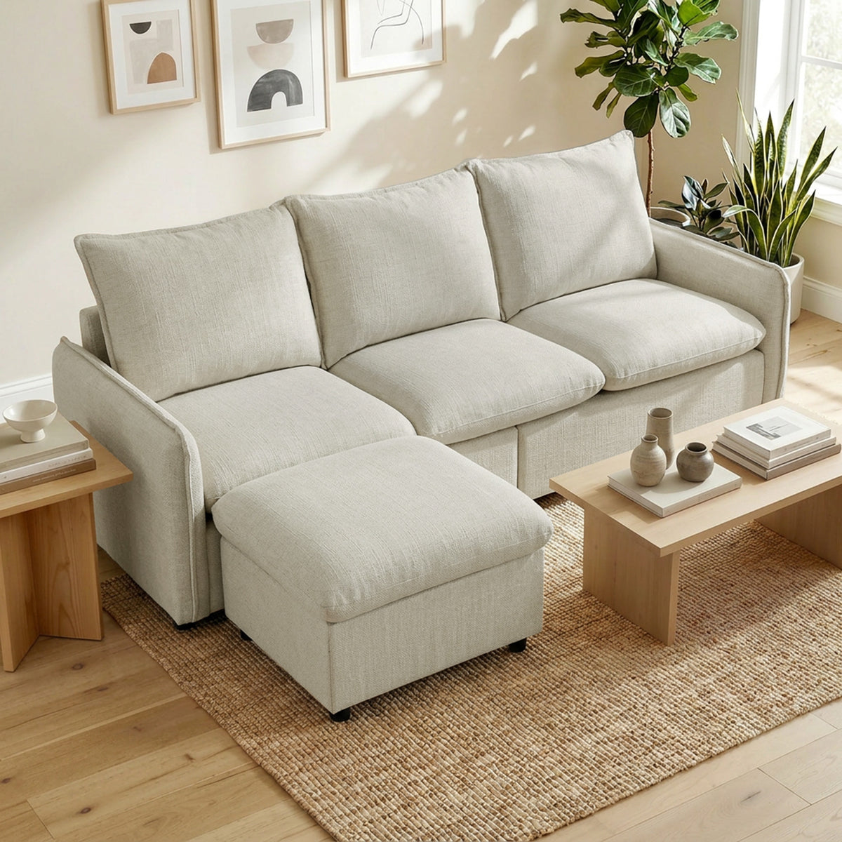 Canapé 3 places avec pouf de rangement, canapé d'angle modulable 212 cm, coussins à ressorts, tissu en lin, crème-1