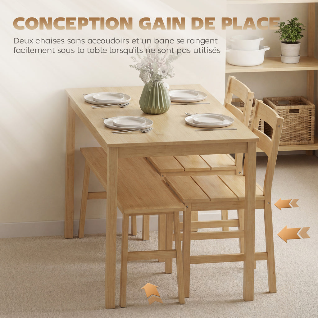 Ensemble de salle à manger en bambou, table à manger avec 2 chaises et banc pour 4 personnes, bois naturel-6