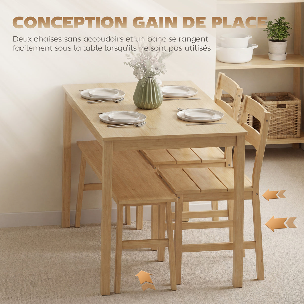 Ensemble de salle à manger en bambou, table à manger avec 2 chaises et banc pour 4 personnes, bois naturel-6