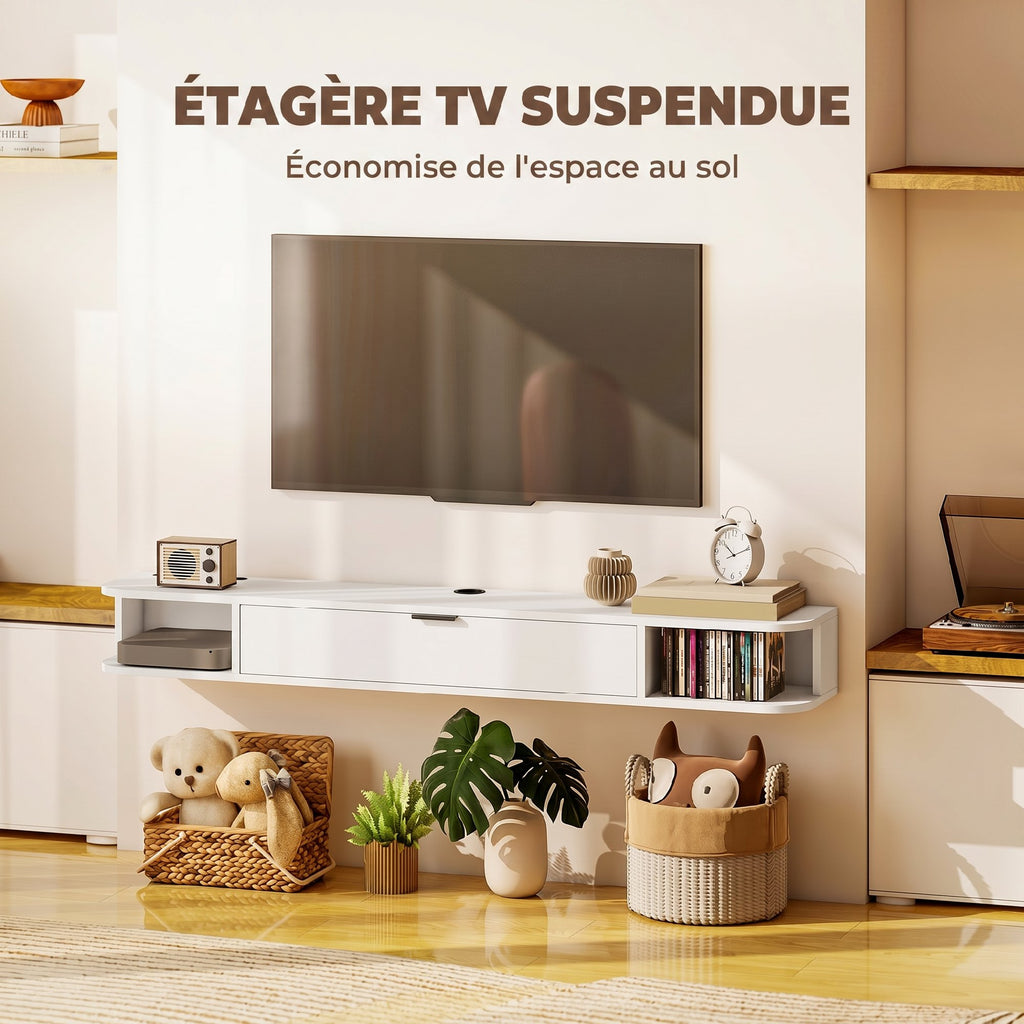 Meuble TV Suspendu, Meuble Télé pour Téléviseur jusqu'à 60 Pouces, Tiroir Rabattable, 2 Étagères, 140x24x16cm, Blanc-3