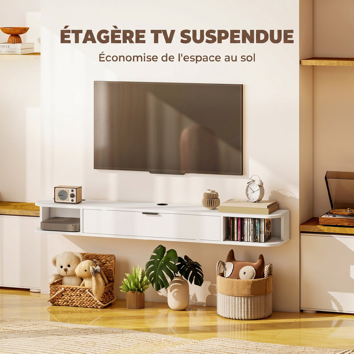 Meuble TV Suspendu, Meuble Télé pour Téléviseur jusqu'à 60 Pouces, Tiroir Rabattable, 2 Étagères, 140x24x16cm, Blanc-3