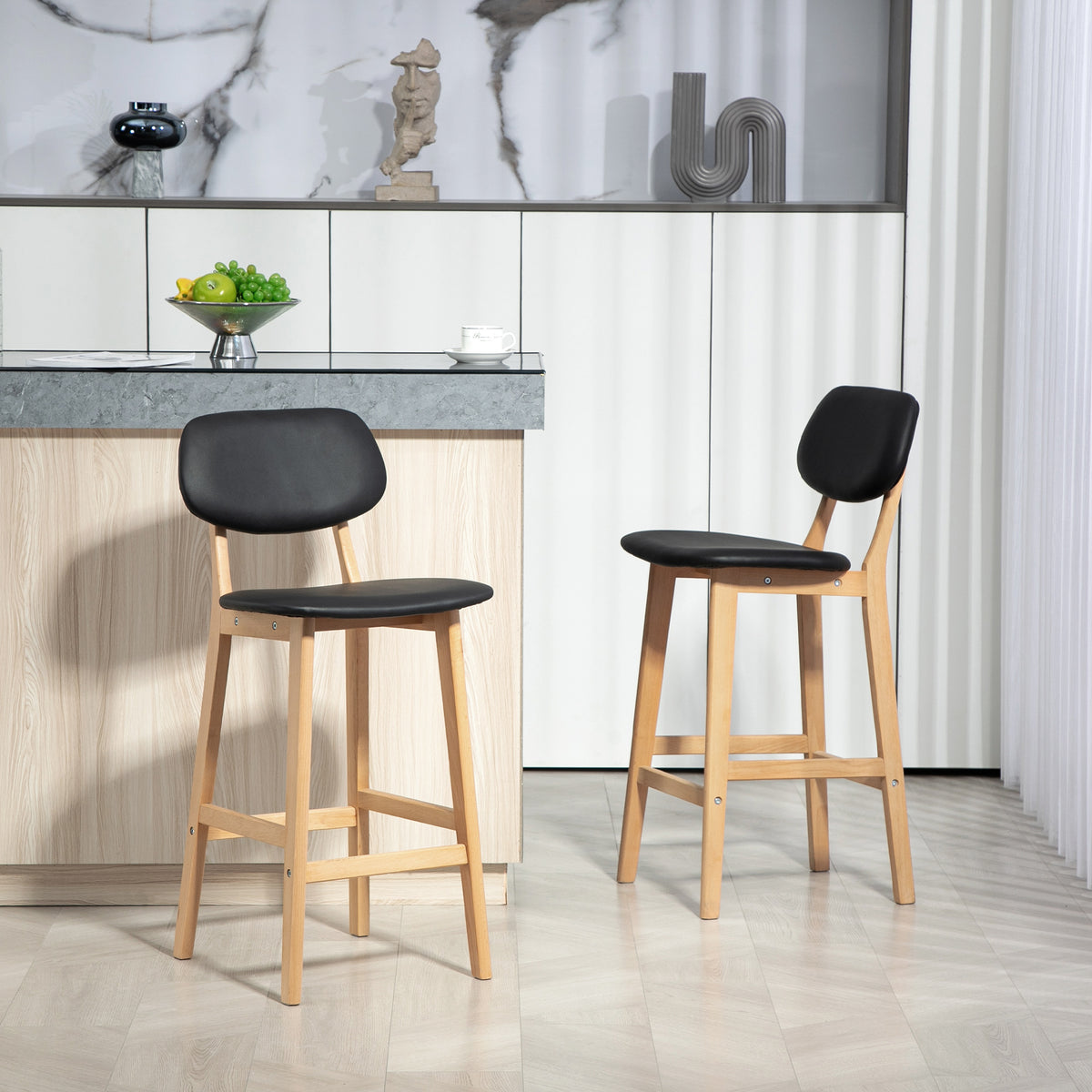 Lot de 2 tabourets de bar, chaises hautes, revêtement synthétique avec dossier et pieds en bois, noir-1