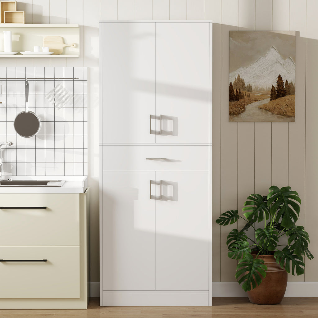 Buffet haut armoire de cuisine 4 portes 2 placards et 1 tiroir central hauteur 180 cm avec 2 étagères réglables blanc-7