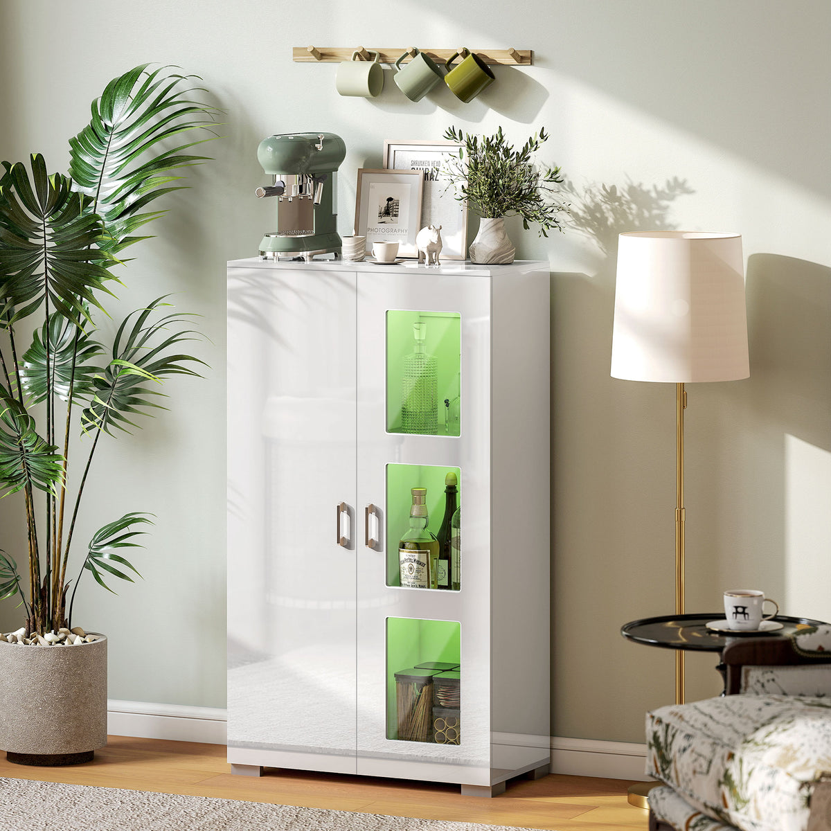 Buffet avec LED RGB 16 couleurs et télécommande, haute brillance, portes vitrées, étagères en verre, 71x35x126cm, blanc-1