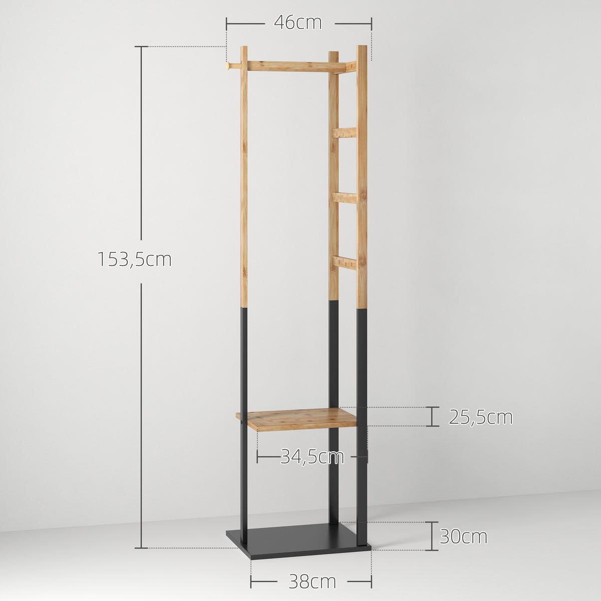 Portant pour vêtements en bambou, Porte-manteau en Bois avec tringle, étagères, patère, 4 barres latérales-2