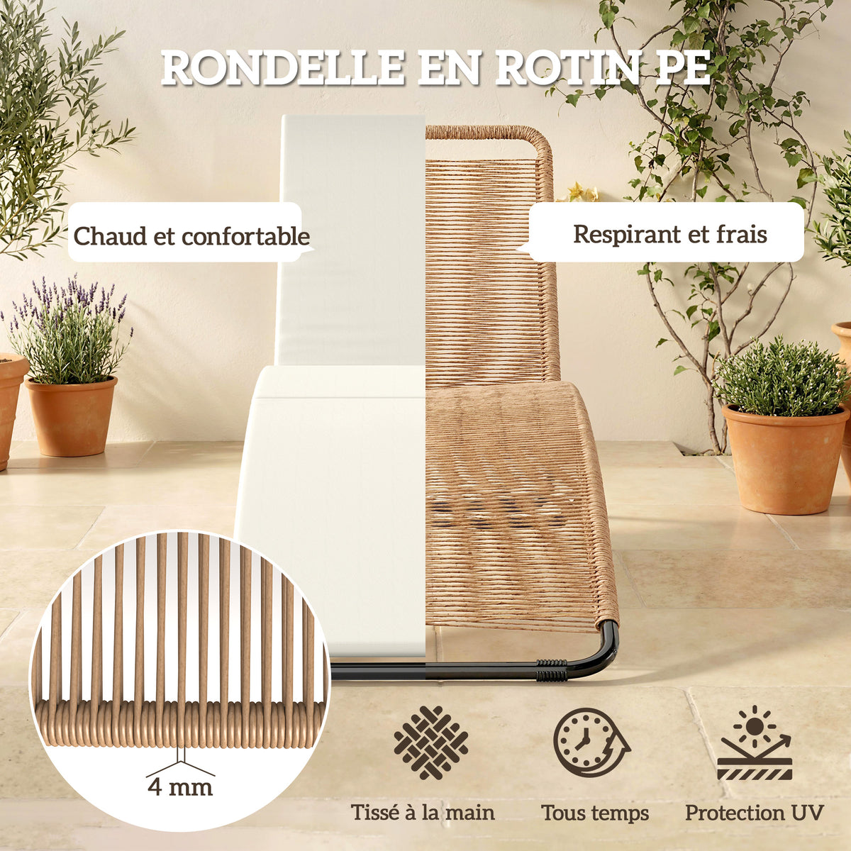 Bain de soleil en résine tressée transat de jardin design en S courbe naturelle structure robuste acier coussin crème-4