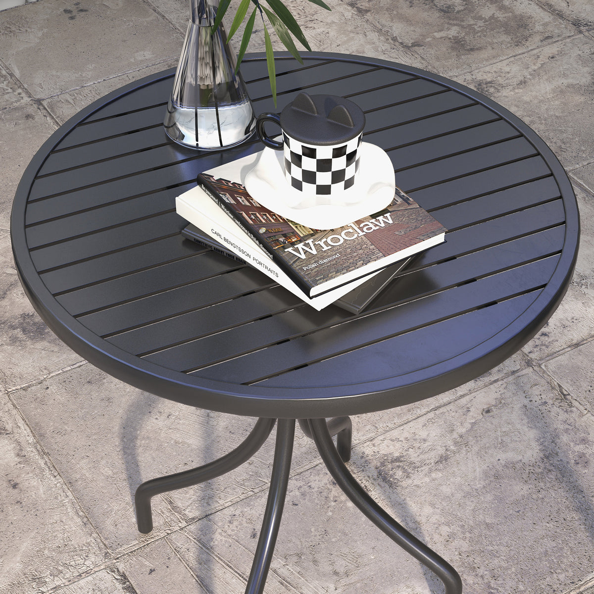 Table de Bistrot Ronde Ø 66 cm en Acier Galvanisé avec Plateau à Lattes pour Terrasse, Balcon, Noir-6