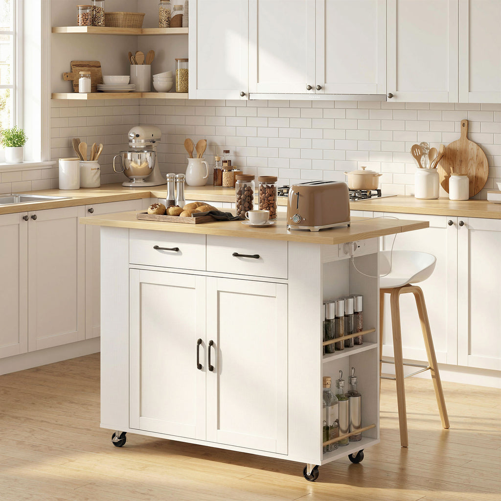 Îlot de Cuisine avec Station de Charge, Chariot de Cuisine à Roulettes avec Plan de Travail Rabattable, 2 Tiroirs, Blanc-1