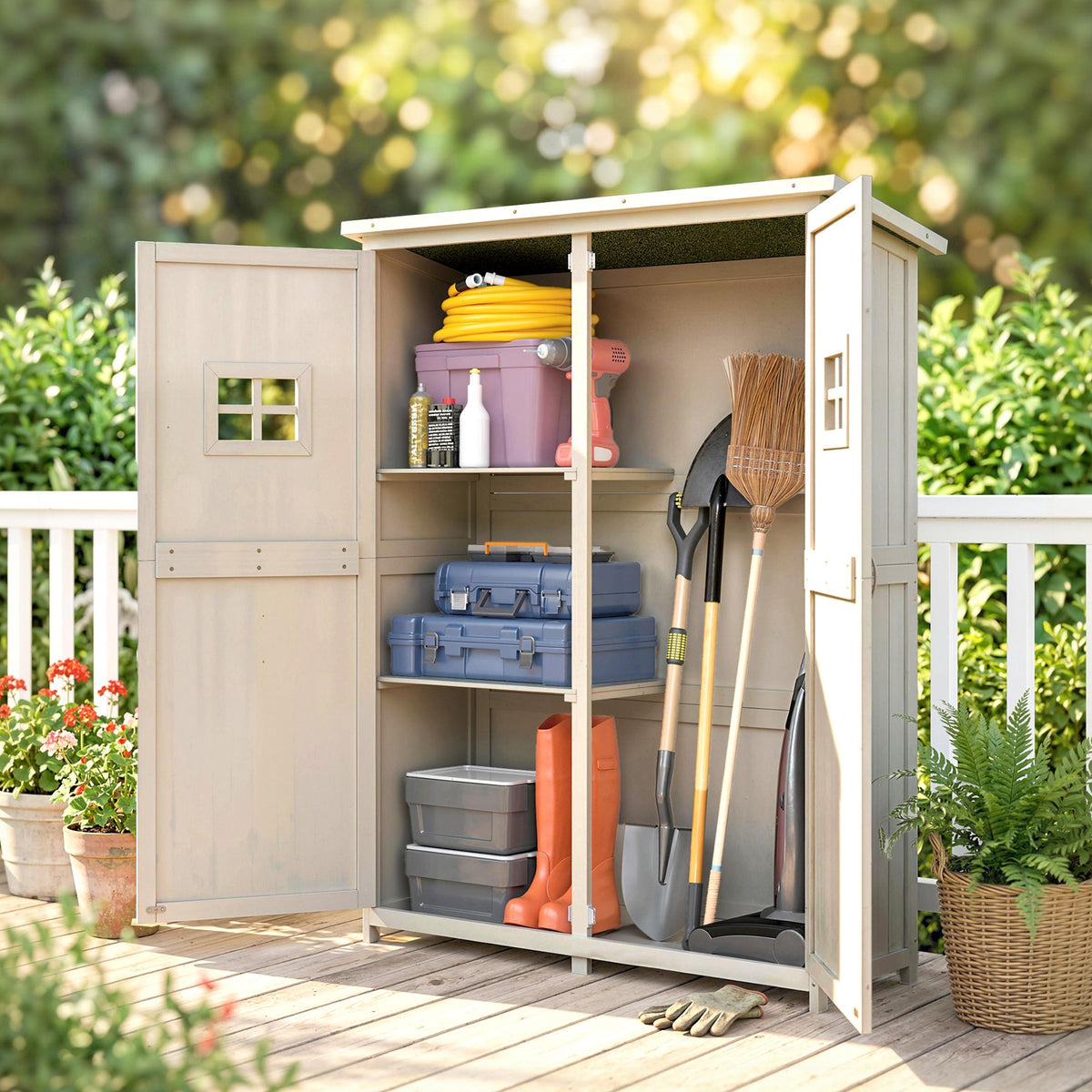 Abri de Jardin en bois Armoire de Jardin dim. 127,5L x 50l x 164H cm 2 étagères 2 Portes 2 fenêtres Toit bitumé étanche Bois Massif Sapin pré-huilé Gris-1