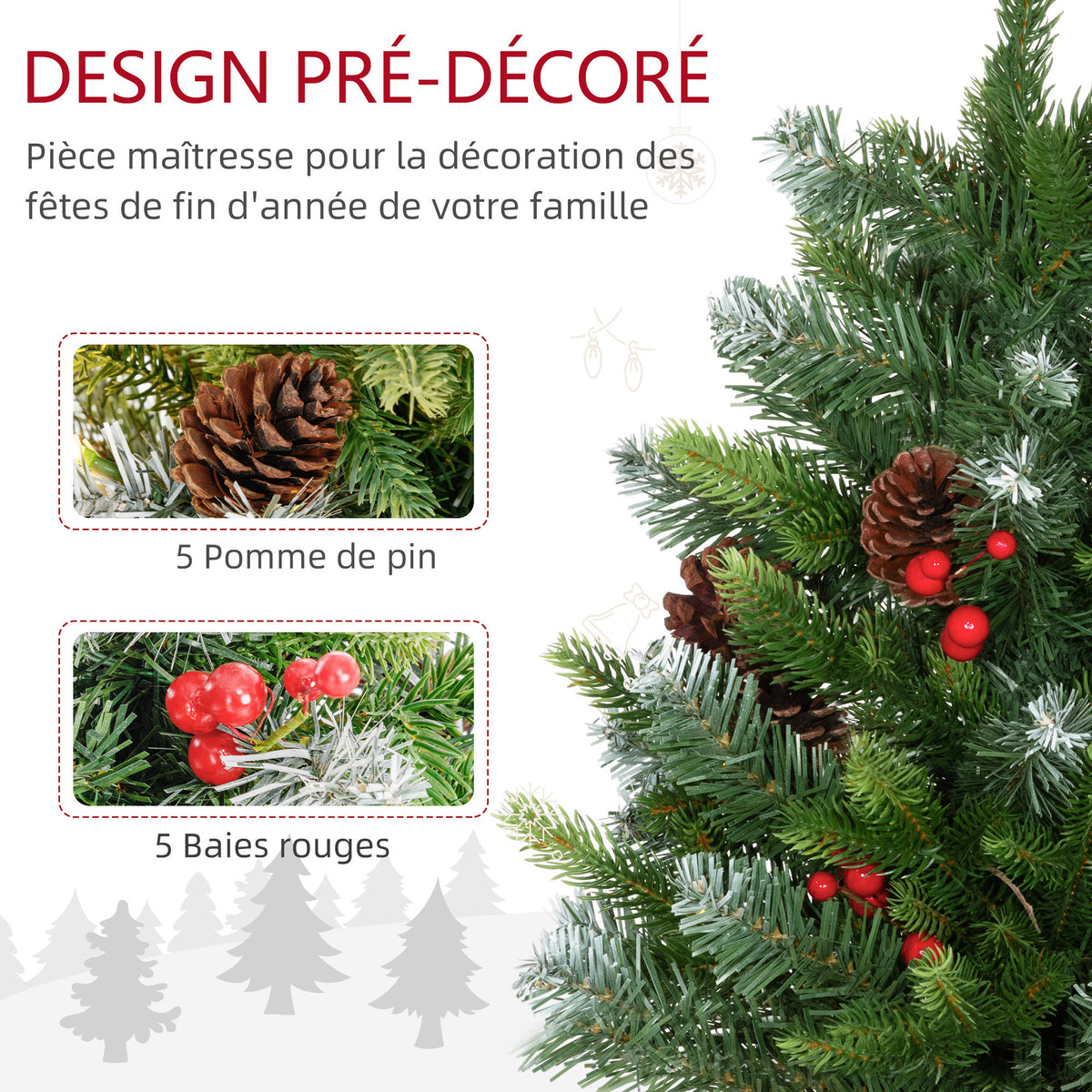 Sapin de Noël 60 cm arbre de Noël de table avec lumière LED, 141 pointes, pommes de pin et baies rouges, base en béton-4