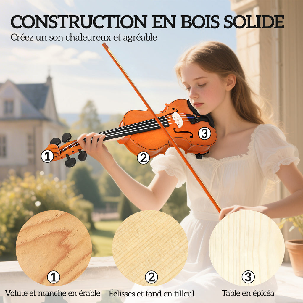 Violon 4/4 ensemble de violon en bois massif pour adultes et débutants avec étui léger et portable 60 x 21 cm marron-4