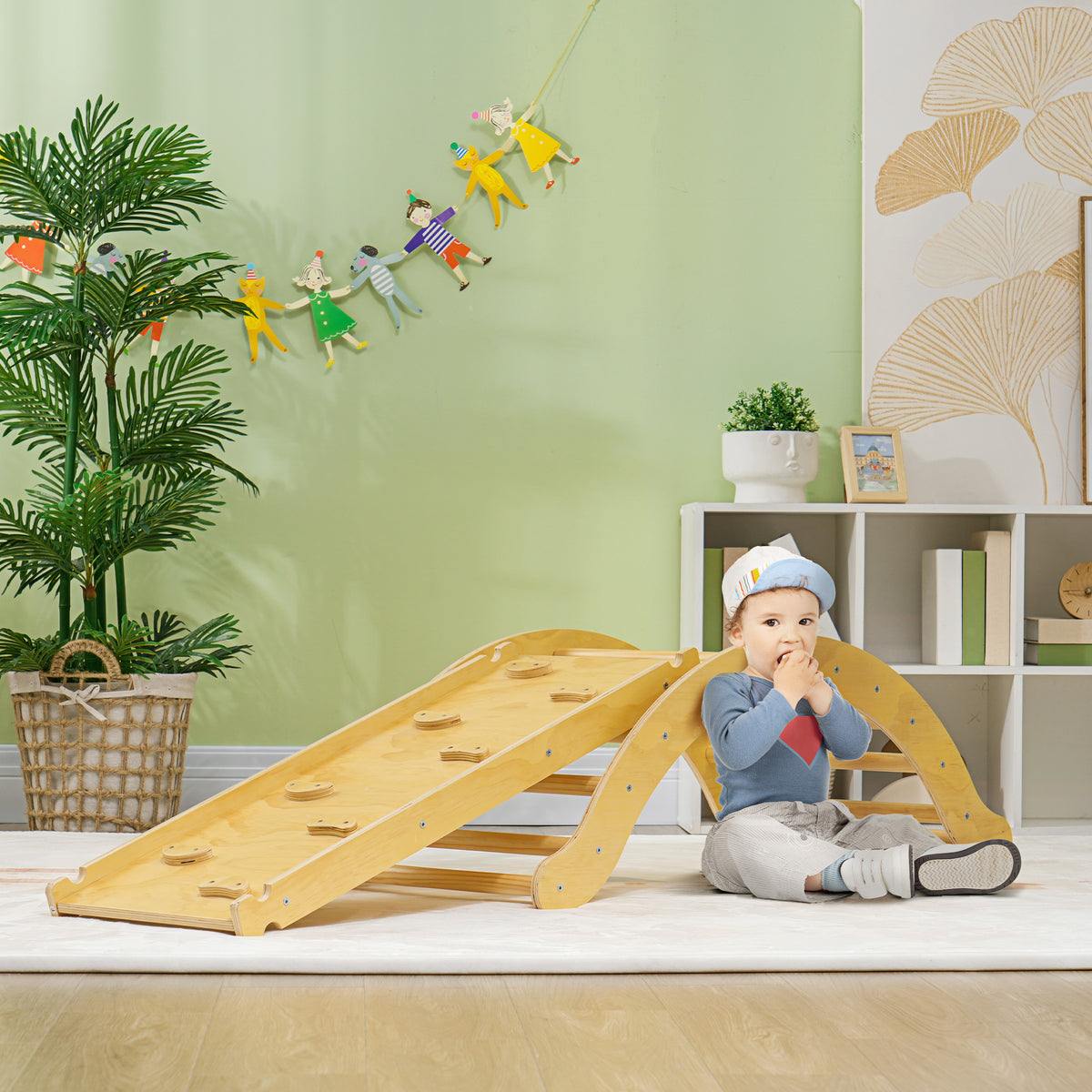 4 en 1 Arche escalade enfants, chaise à bascule, rampe d'escalade double face et coussin, 168x49,5x39,5cm, bois naturel-1