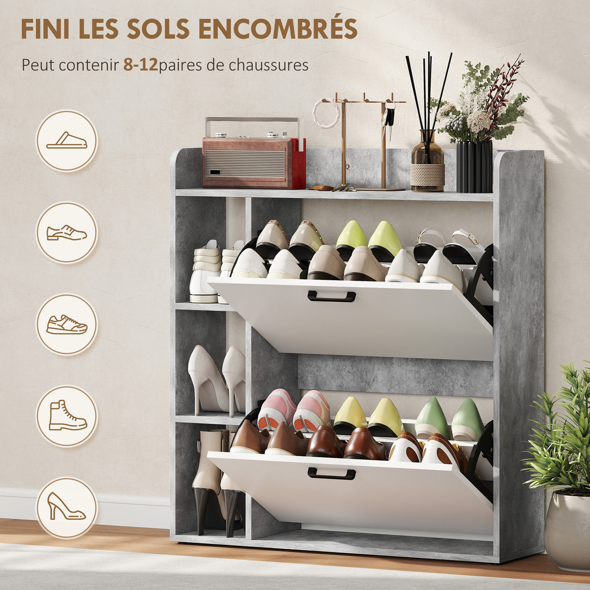 Meuble à chaussures 15 paires, armoire à chaussures moderne avec 2 tiroirs rabattables, 83x24x90,5cm, blanc et gris-3